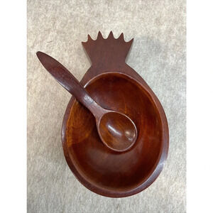 Vintage CARIBCRAFT Solid Mahogany Pineapple Bowl &‎ Spoon